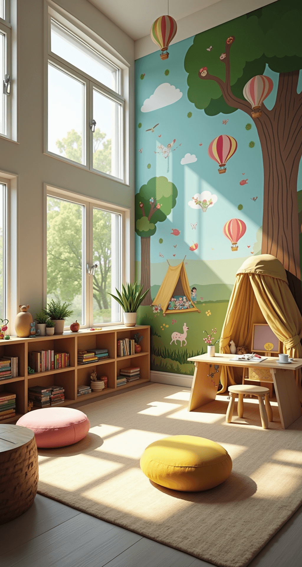 A colorful children's playroom in Bloxburg, featuring a floor-to-ceiling forest mural, organized toy shelves, a cozy reading nook with cushions, an art station with an easel, a small climbing wall, and whimsical hot air balloon lights, all brightly illuminated by daylight from large windows.