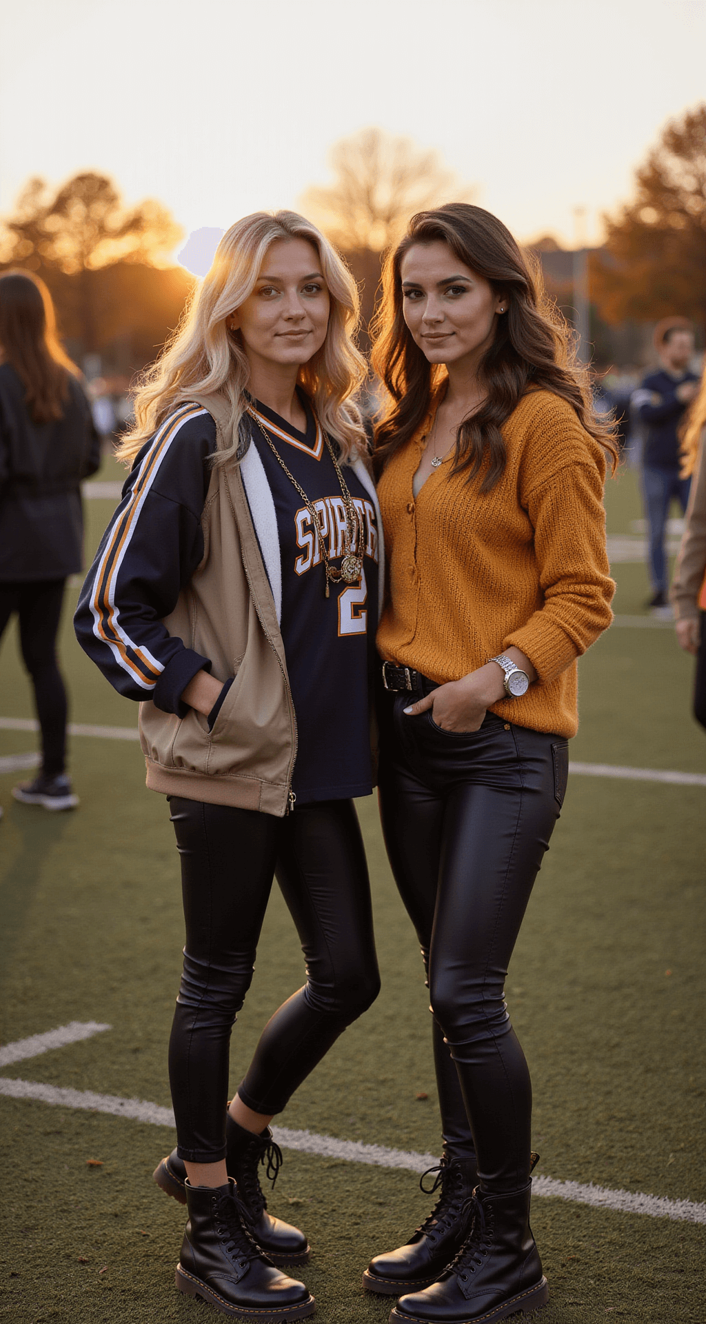 The Ultimate Guide to High School Football Game Fashion: Look Cute & Stay Comfy Friends taking pre-game photos in a lively atmosphere, showcasing diverse game day styles, including a custom spirit jersey paired with faux leather leggings and Dr. Martens boots. The golden hour backlighting creates a warm glow, enhancing the outfit textures and metallic accessories, with a beautifully blurred background.