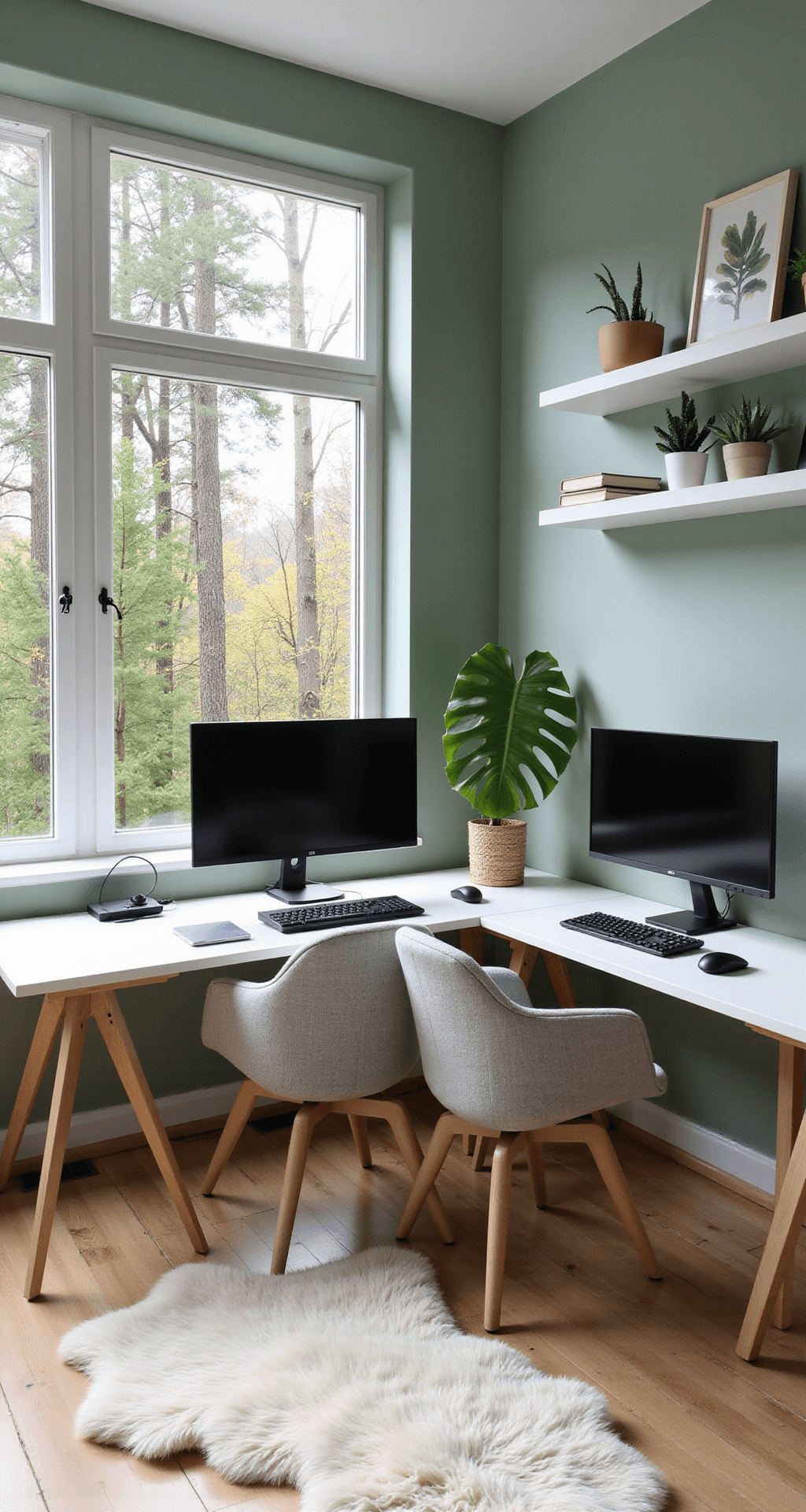 A serene Scandinavian-inspired gaming retreat with floor-to-ceiling windows, minimalist white desks, ergonomic chairs, and a large fiddle leaf fig plant, all bathed in soft natural light.