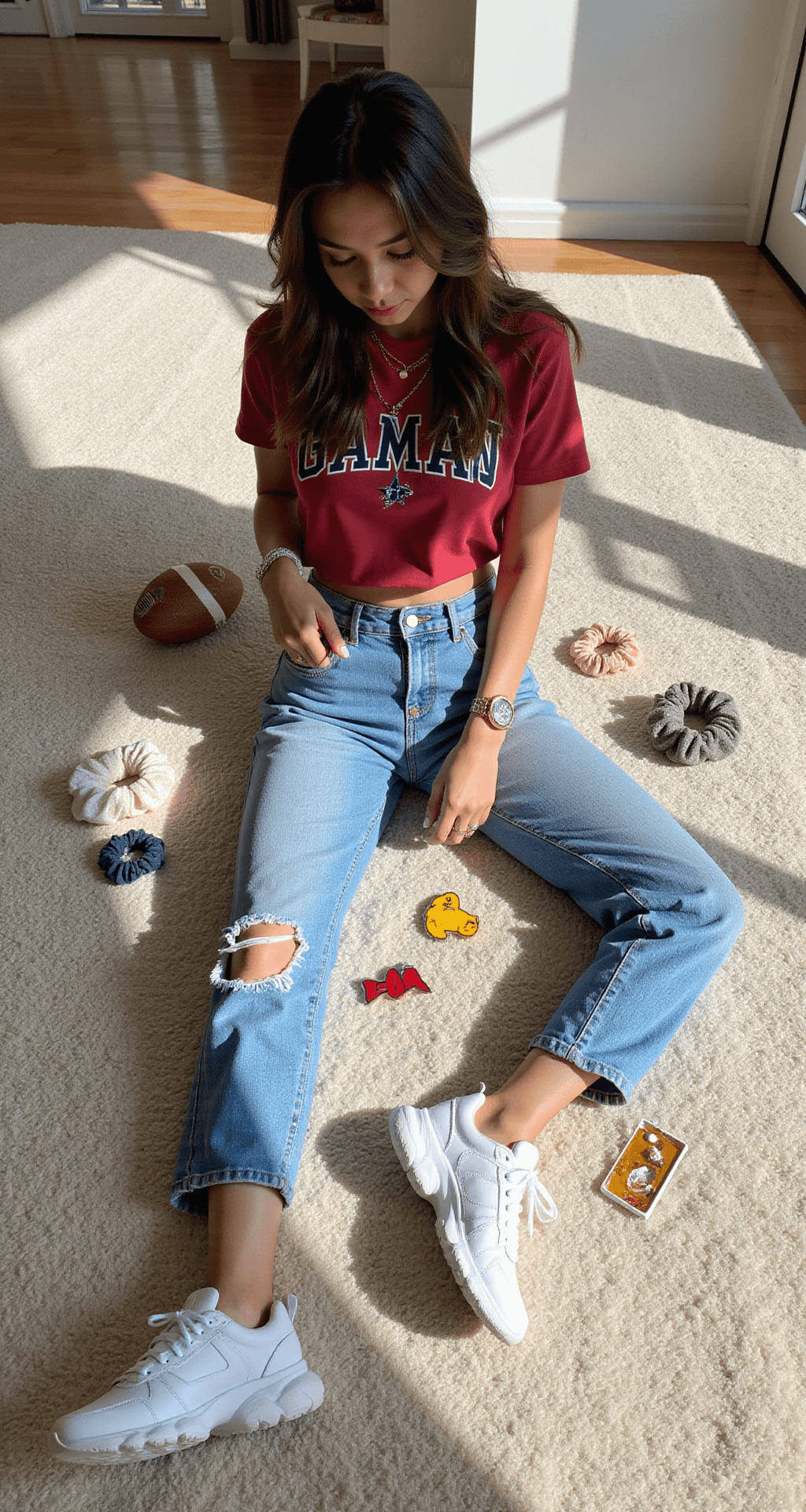 The Ultimate Game Day Outfit A woman arranges a game day outfit flat-lay on a cream carpet, featuring distressed high-waist jeans, a cropped team tee, white chunky sneakers, and team-colored accessories, with bright sunlight streaming through floor-to-ceiling windows.