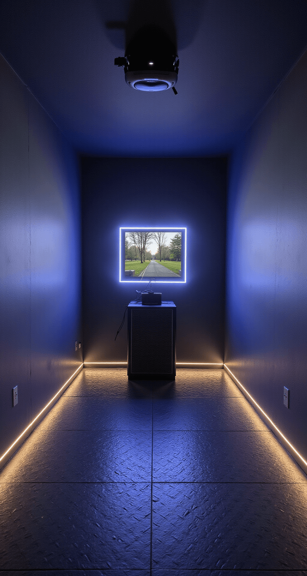 A twilight photograph of a 16x16ft immersive VR gaming space featuring dark gray impact-absorbing floor mats, modern wall sconces with disguised sensors, and smart LED strips forming a TRON-like grid along the baseboards. The minimal setup includes a sleek storage unit for VR equipment and an anti-fatigue standing mat with geometric patterns, captured from a ceiling corner to showcase the full movement area and dramatic futuristic lighting.