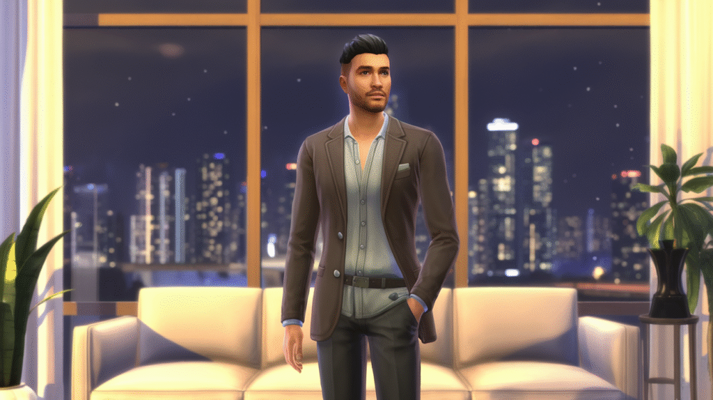 A Sim poised in a chic, modern apartment