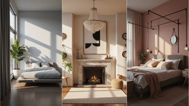 A photorealistic split-screen interior design showcasing three distinct Bloxburg bedroom styles: a minimalist loft with a floating bed and floor-to-ceiling windows, a luxury master suite with a chandelier and canopy bed, and a pastel-themed teen bedroom with fairy lights, all presented in 8K ultra HD with cinematic lighting and textures.