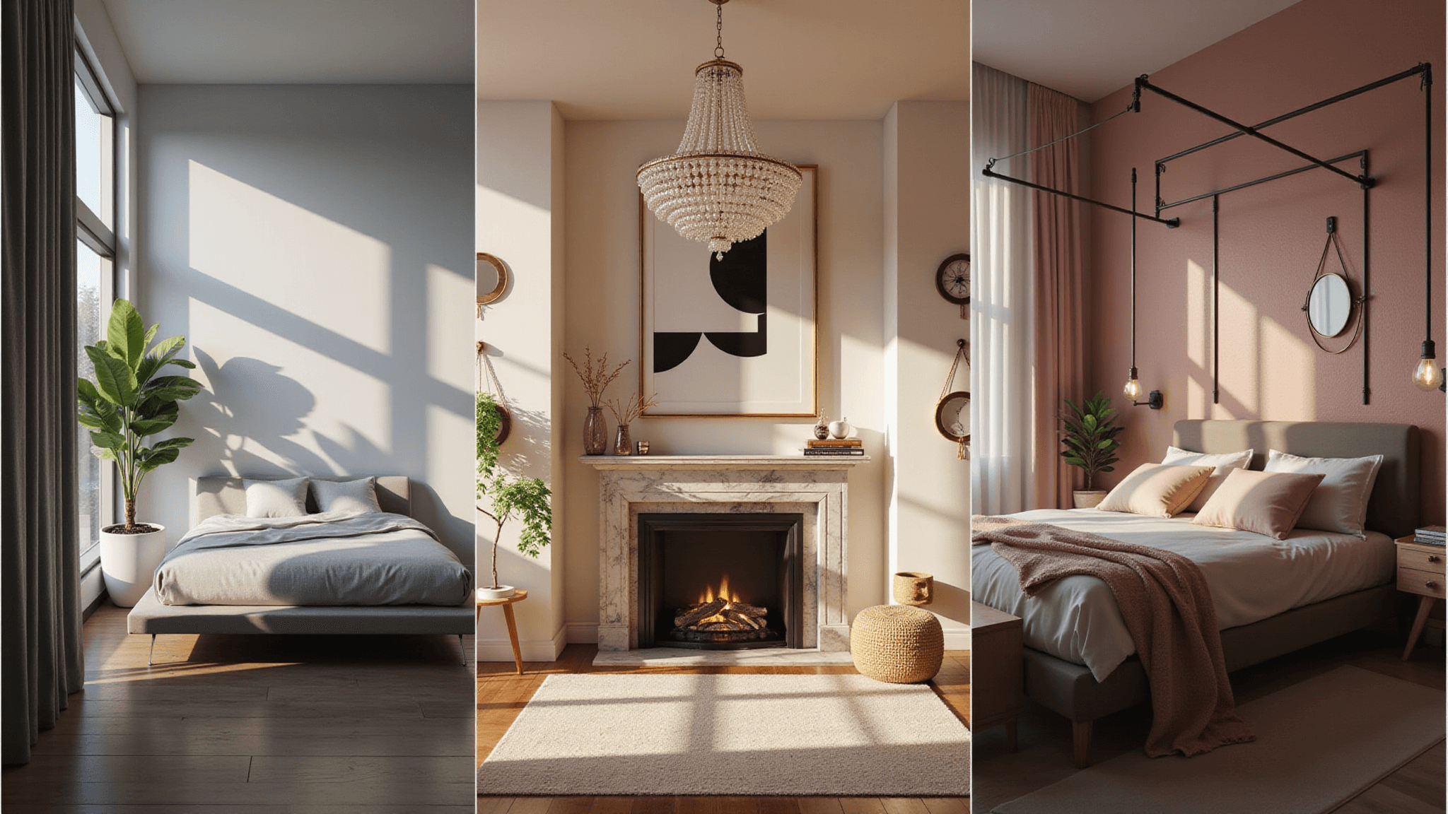 A photorealistic split-screen interior design showcasing three distinct Bloxburg bedroom styles: a minimalist loft with a floating bed and floor-to-ceiling windows, a luxury master suite with a chandelier and canopy bed, and a pastel-themed teen bedroom with fairy lights, all presented in 8K ultra HD with cinematic lighting and textures.