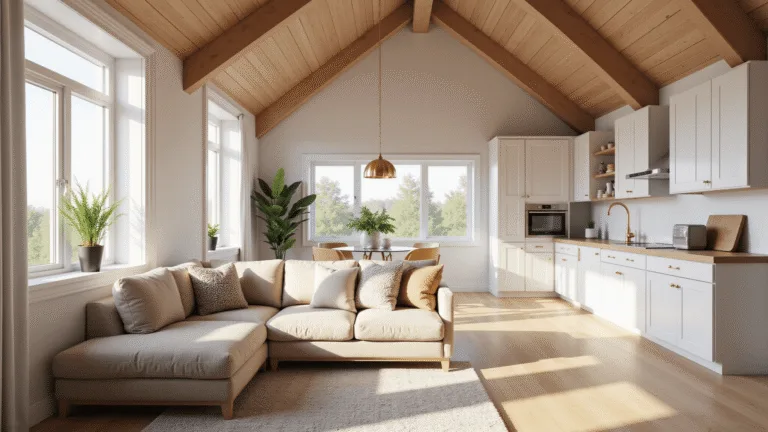 A photorealistic 3D render of a modern-minimalist Bloxburg starter home interior, featuring an open-concept living space with vaulted ceilings, a cozy beige L-shaped sofa, a compact kitchenette, and a round glass dining table, all bathed in warm afternoon sunlight with strategic greenery.