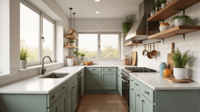 Photorealistic architectural visualization of compact Bloxburg-style kitchens showcasing 3x3, 3x2, and 4x4 layouts, featuring modern minimalist aesthetics with quartz countertops, sage green shaker cabinets, and warm golden hour lighting.