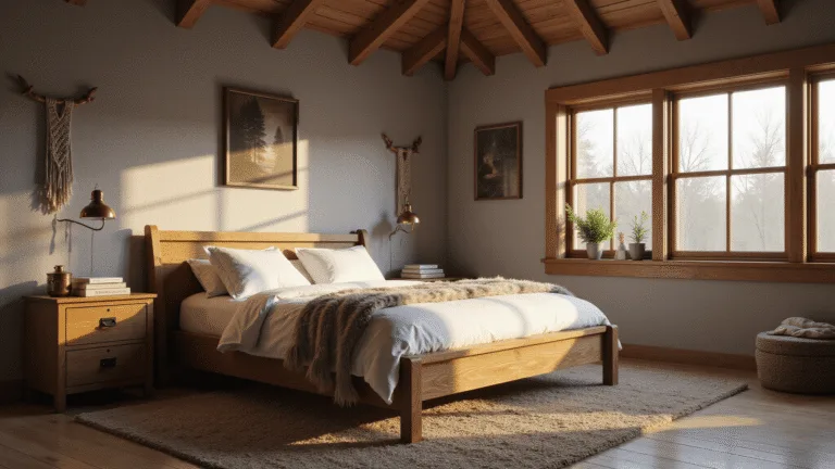 A cozy cabin-inspired bedroom bathed in golden morning light, featuring a rustic oak platform bed with plush white bedding, vaulted wooden beams, and stone gray walls adorned with forest-themed artwork, all enhanced by warm ambient lighting from vintage lanterns.