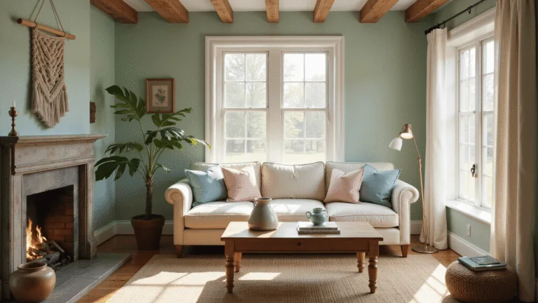 A cozy, sunlit cottage living room featuring mint green walls, a plush cream linen sofa with pastel pillows, a distressed oak coffee table with vintage books, and a rustic stone fireplace. Natural light filters through sheer curtains on large bay windows, highlighting a macramé wall hanging, woven jute rug, and a potted fiddle leaf fig plant, all captured in a warm, inviting atmosphere.