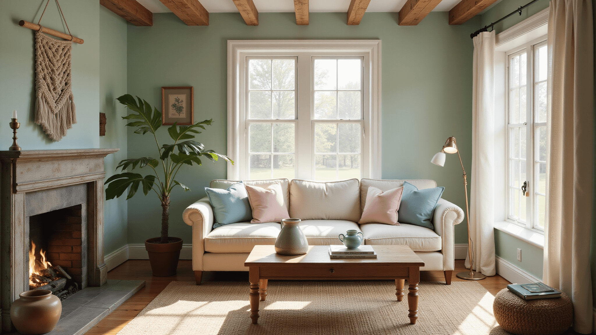 A cozy, sunlit cottage living room featuring mint green walls, a plush cream linen sofa with pastel pillows, a distressed oak coffee table with vintage books, and a rustic stone fireplace. Natural light filters through sheer curtains on large bay windows, highlighting a macramé wall hanging, woven jute rug, and a potted fiddle leaf fig plant, all captured in a warm, inviting atmosphere.