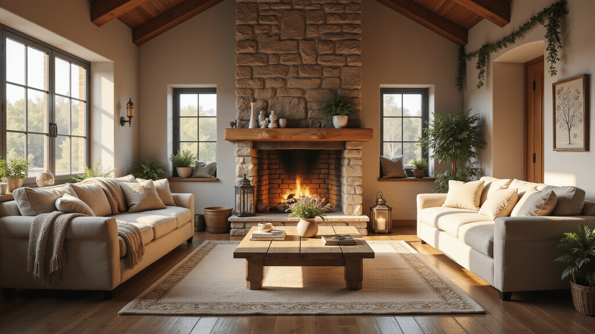 A cozy Bloxburg-inspired cottage living room featuring exposed wooden beams, a grand stone fireplace, a plush cream sectional sofa, large bay windows, a rustic wooden coffee table with botanical books and wildflowers, vintage lanterns, and lush potted plants, all bathed in golden afternoon sunlight.