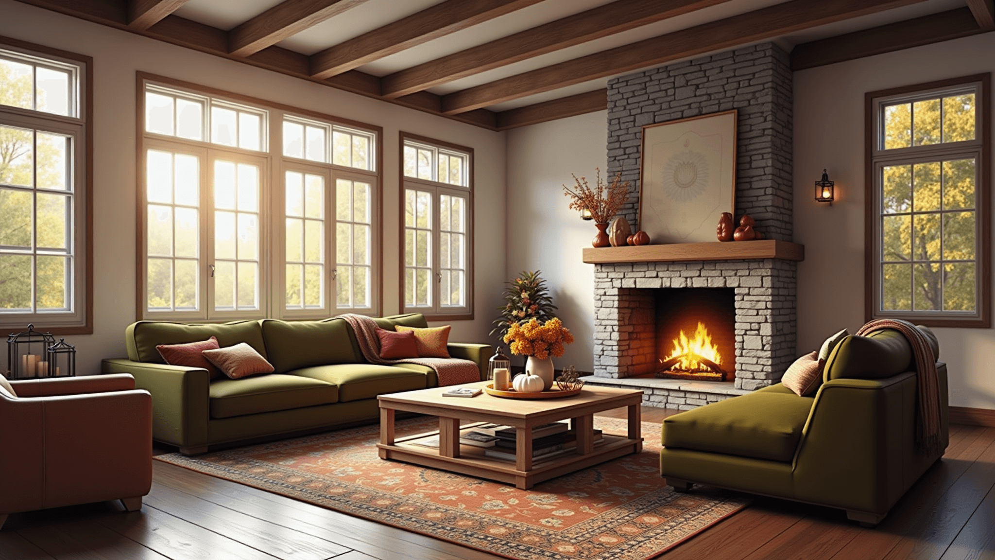 A cozy Bloxburg living room featuring golden hour lighting, a stone fireplace, an olive green sectional sofa with autumn-themed pillows, a rustic wood coffee table, and scattered fall decor, all styled in a photorealistic 3D render.