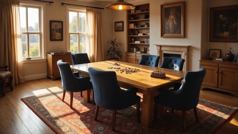 A cozy family game room featuring a rustic oak table surrounded by navy upholstered chairs, illuminated by warm golden hour sunlight, with bookshelves of board games, an Oriental rug, and whimsical artwork, captured in a photorealistic style.