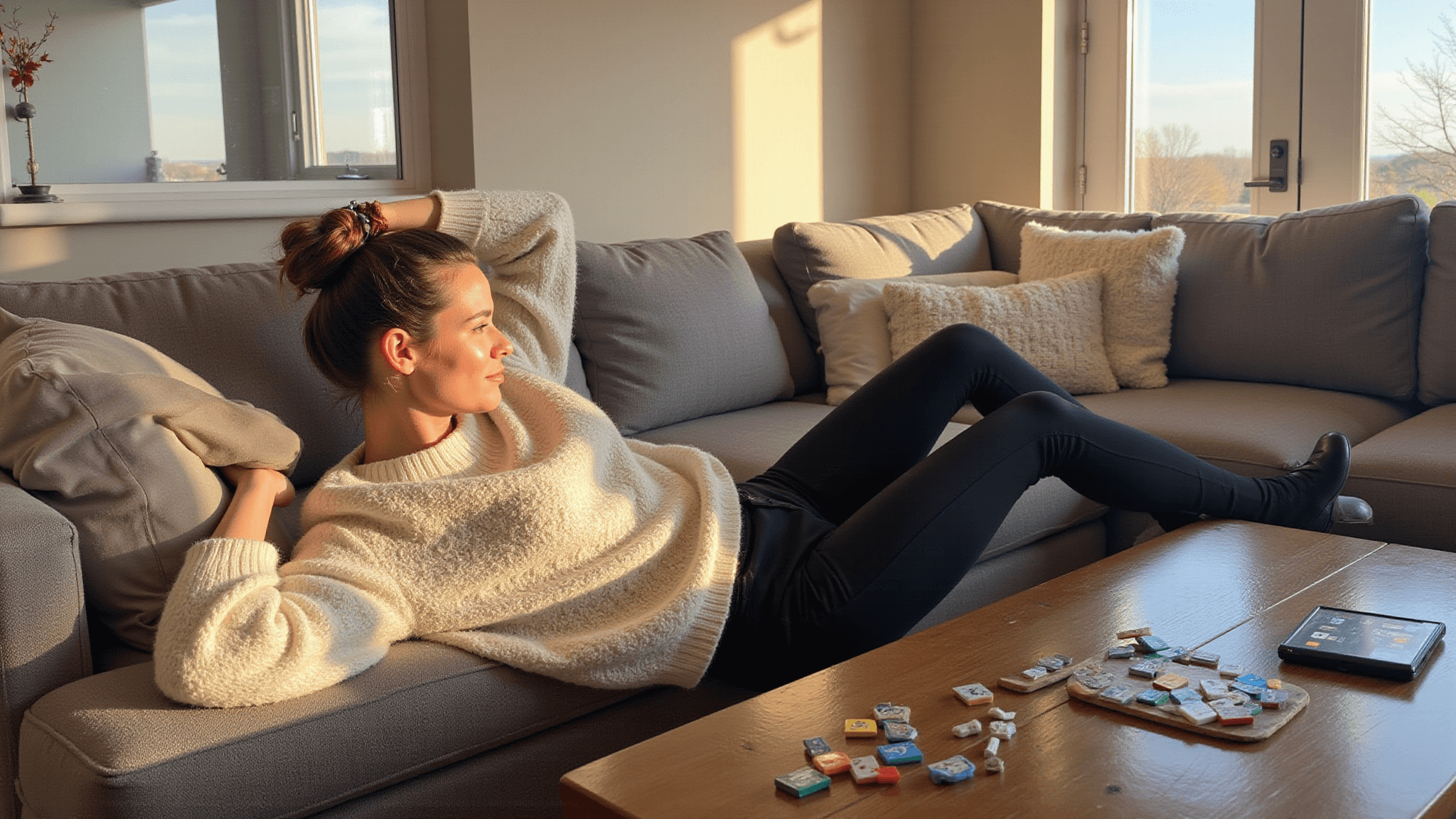 A cozy living room scene featuring a person in an oversized cream sweater and black leggings lounging on a grey sectional, with board games on a wooden coffee table, warm afternoon light streaming through windows, and soft shadows creating an intimate atmosphere.