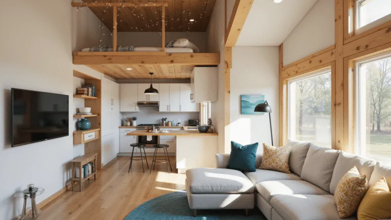 Tiny Home Treasures: Bloxburg's Best Small House Ideas Cinematic interior render of a cozy Bloxburg tiny home featuring a lofted sleeping area, modern white kitchen, compact living area with a light gray loveseat, and a natural wood dining table, all bathed in soft afternoon light with a warm neutral color palette accented by teal and mustard yellow.
