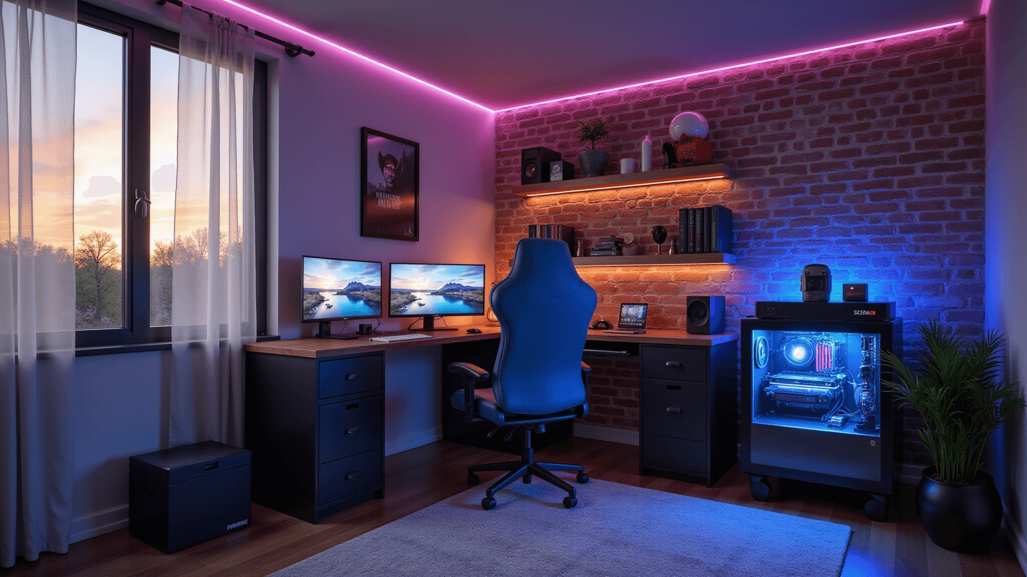 A cozy 10x12ft photorealistic gaming room at golden hour, featuring an exposed brick accent wall, dual monitors on an L-shaped desk, a custom water-cooled PC, and ambient LED lighting, all captured with dramatic side lighting.