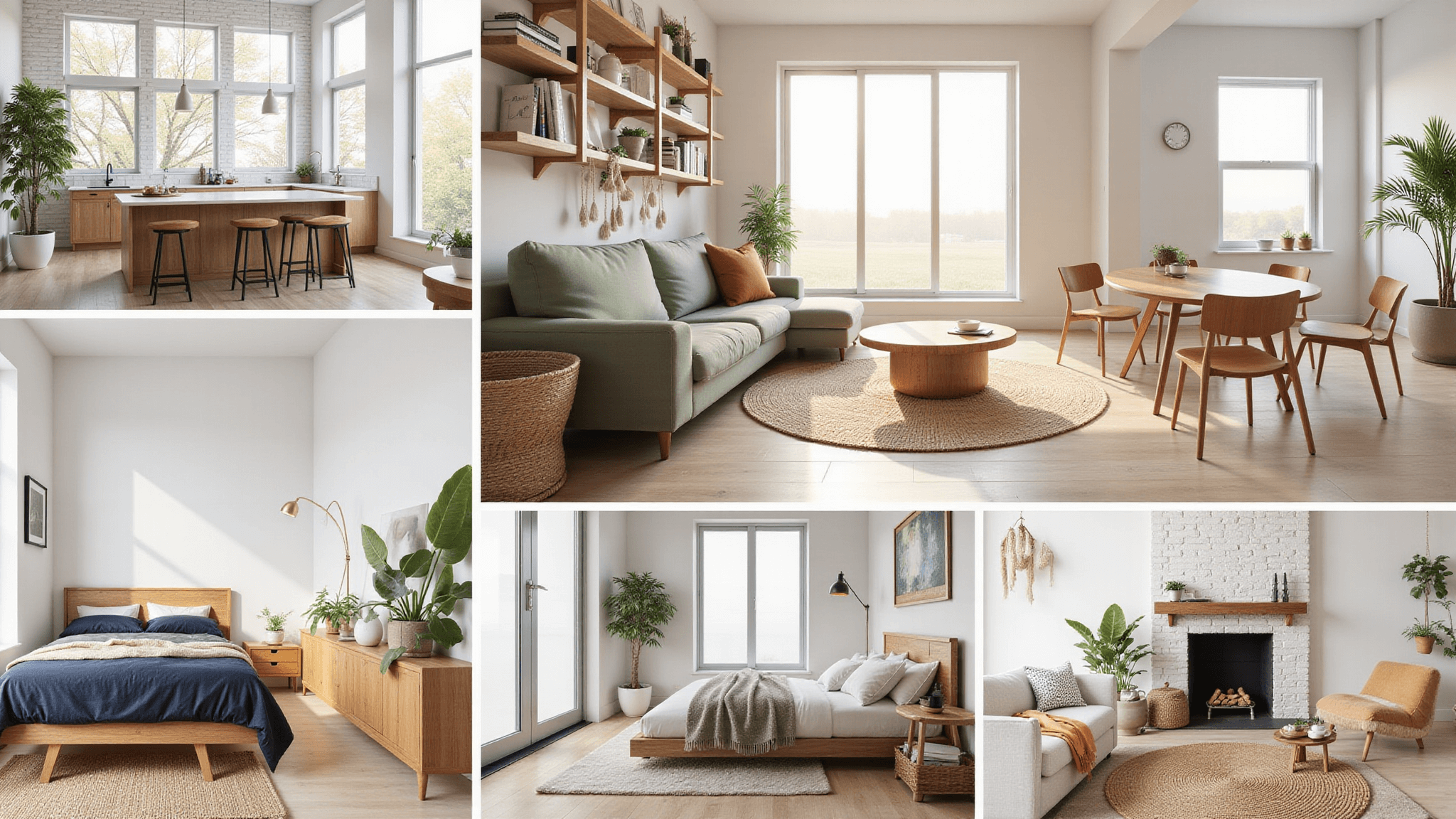 A photorealistic collage showcasing multiple small modern living spaces with a Scandinavian-inspired open concept, featuring a sage green sofa bed, kitchenette, loft bedroom, coastal themes, and modern farmhouse elements, all illuminated by golden hour sunlight and designed in a warm color palette.