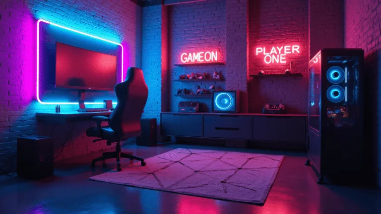 A luxurious 15x20 ft cyberpunk gaming room with RGB lighting, featuring a curved ultrawide monitor on a matte black desk, an ergonomic leather gaming chair, and ambient neon signs, all captured in dramatic cinematic lighting.