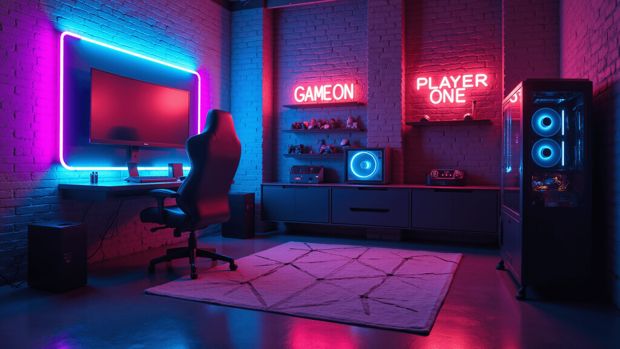 A luxurious 15x20 ft cyberpunk gaming room with RGB lighting, featuring a curved ultrawide monitor on a matte black desk, an ergonomic leather gaming chair, and ambient neon signs, all captured in dramatic cinematic lighting.