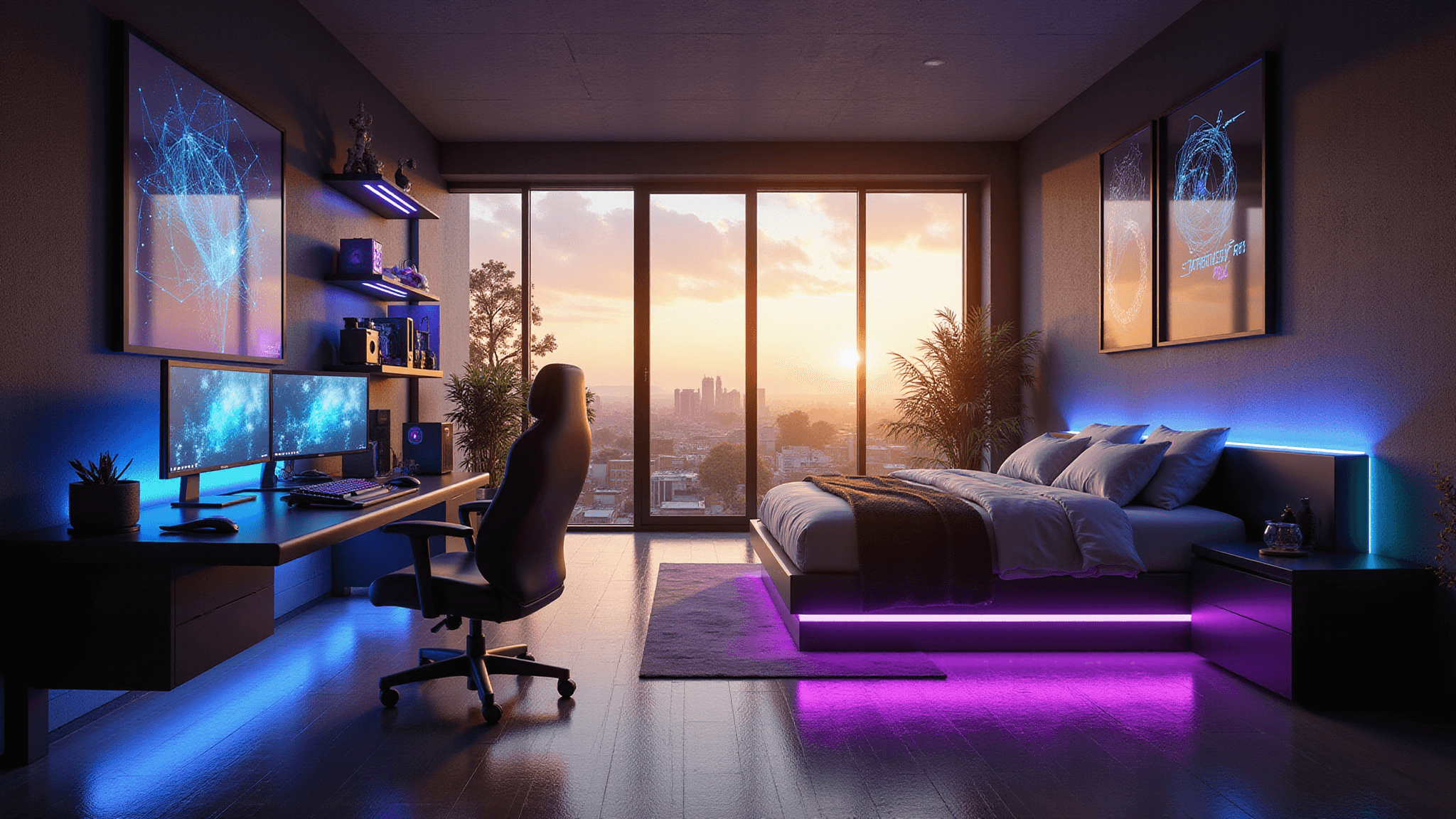 A spacious cyberpunk-inspired gaming bedroom bathed in golden hour lighting, featuring an ultrawide monitor setup, RGB-lit gaming chair, and minimalist platform bed, with illuminated collectibles and wall art, all captured in high-resolution detail.