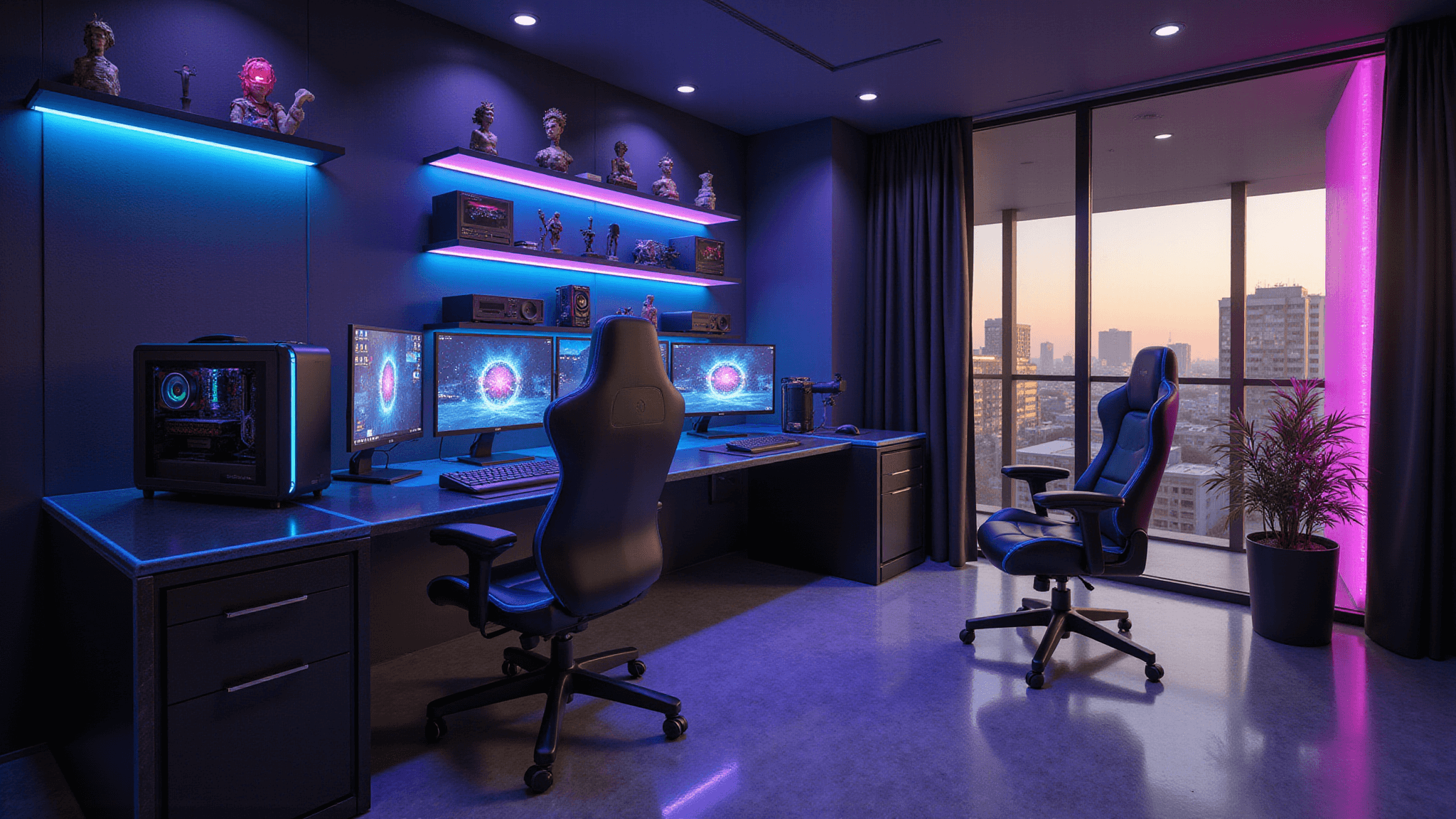 A photorealistic cyberpunk gaming room features an L-shaped black glass desk with triple curved monitors, a high-end gaming PC with RGB lighting, and neon blue and purple accents, all set against matte black walls and a polished concrete floor, with a city view at golden hour.
