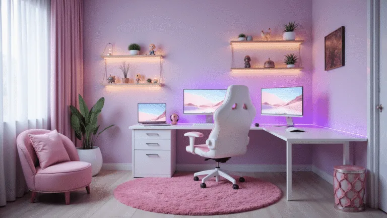 A spacious, pastel-themed gaming room featuring a white L-shaped desk with dual curved monitors, rose gold and white peripherals, an ergonomic chair, hexagonal shelves with decor, and soft natural lighting.