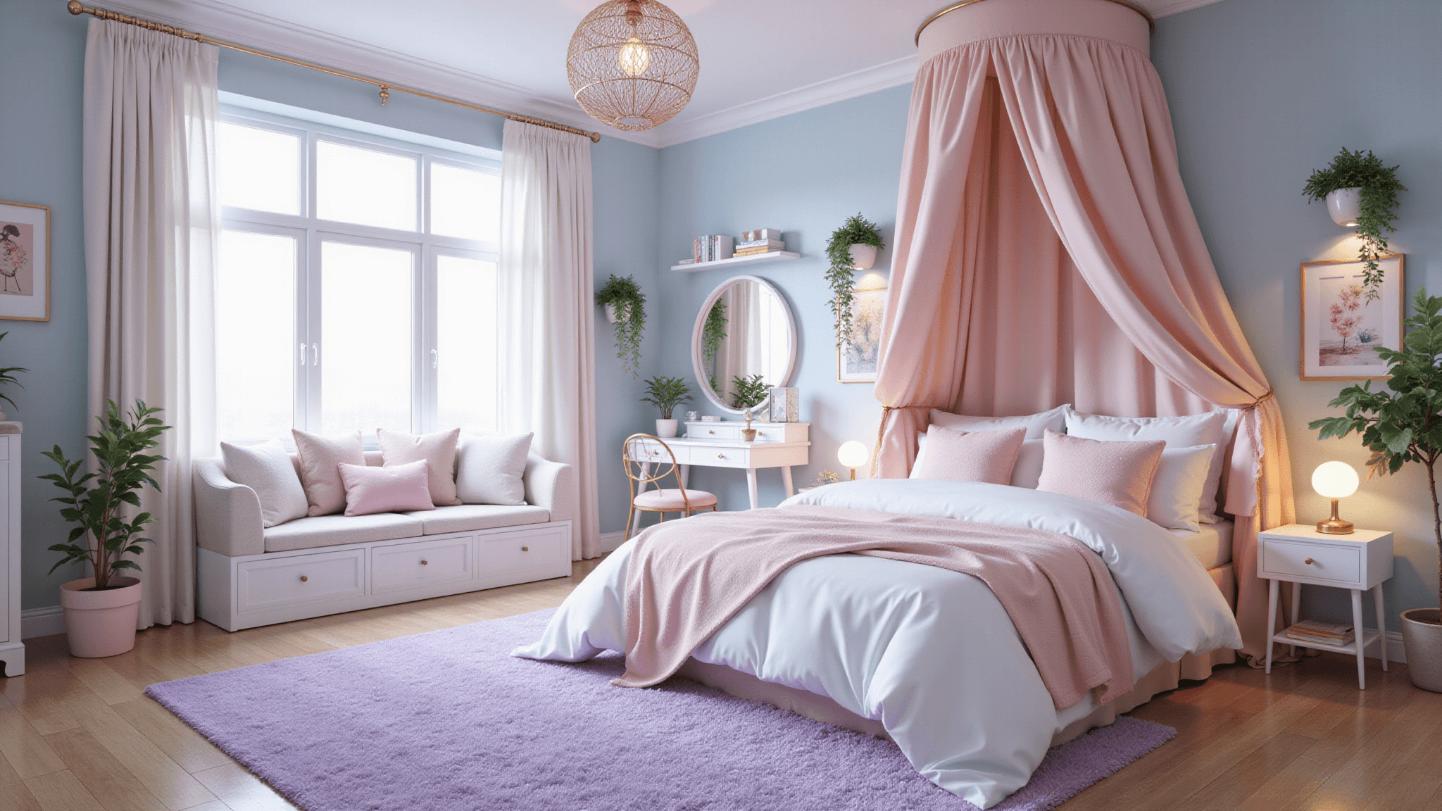 Photorealistic render of a dreamy pastel teen bedroom featuring a blush pink canopy bed, white bedding, vaulted ceiling with fairy lights, lavender area rug, and a white desk with rose gold accents, captured in soft morning light.