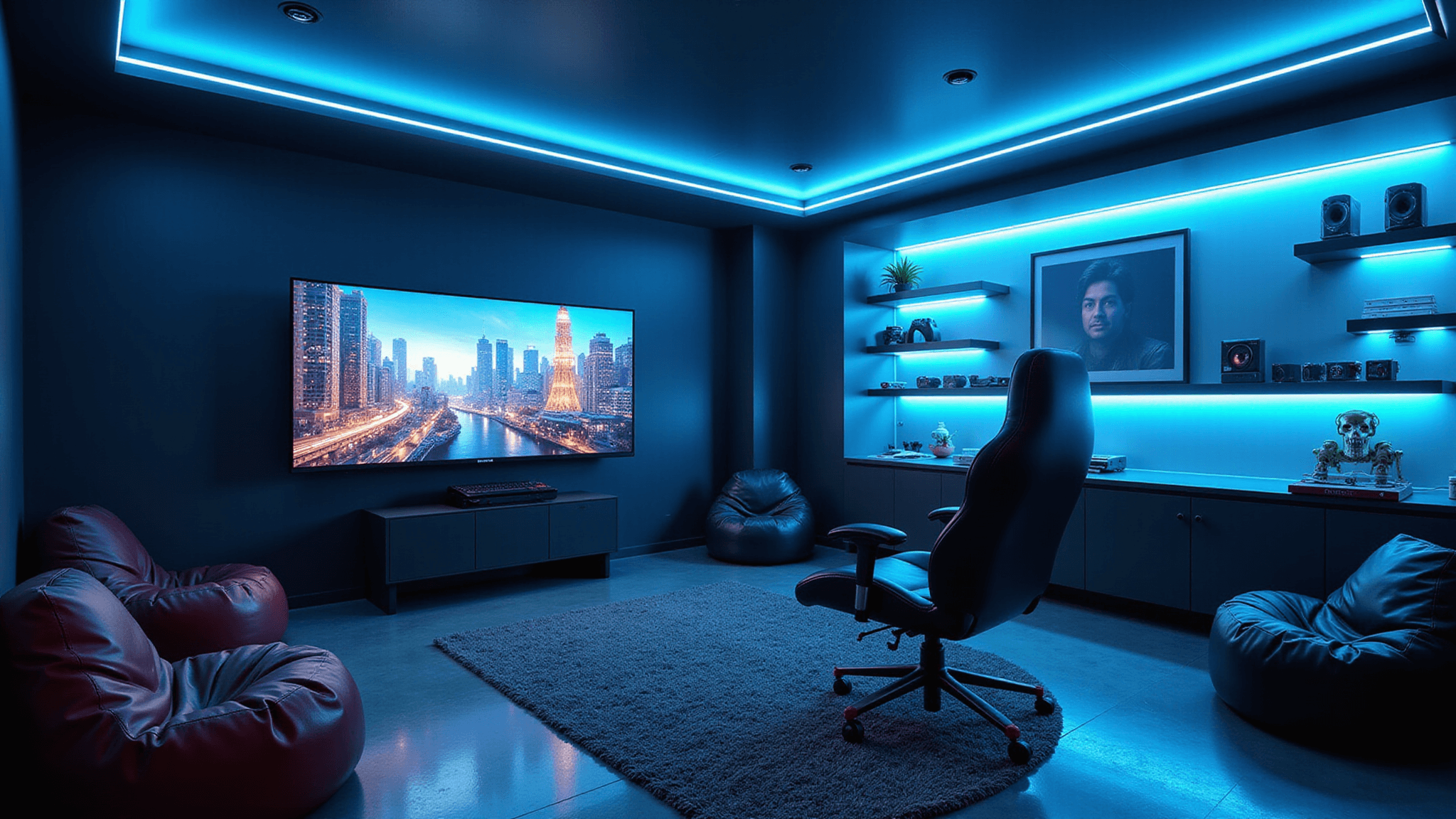 Photorealistic futuristic gaming room with blue LED ambient lighting, massive curved ultrawide monitor on a black wall mount, geometric shelves with gaming collectibles, ergonomic leather chair, neon-accented bean bags, and a cityscape mural, featuring polished concrete flooring and cinematic lighting.