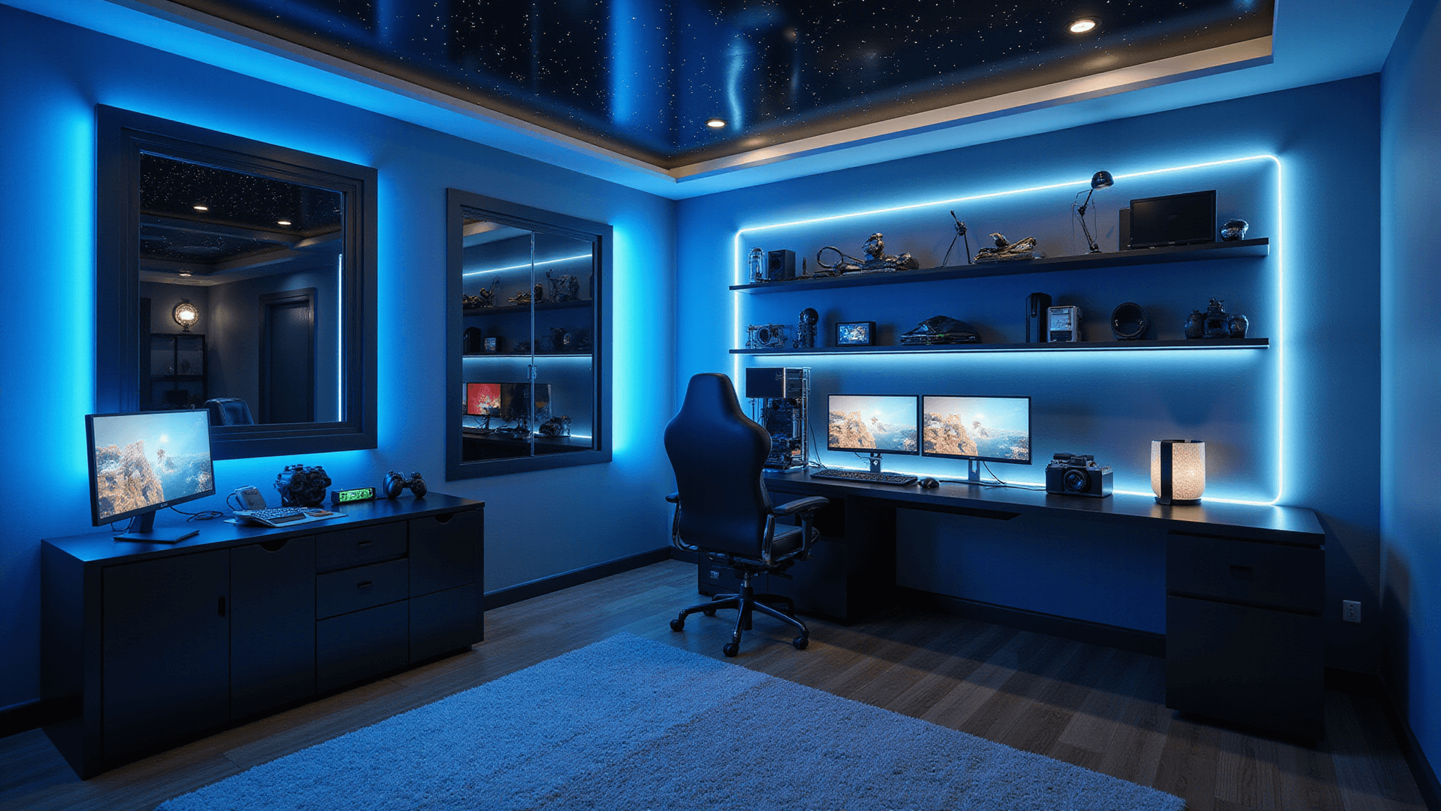 A futuristic gaming bedroom featuring a sleek black gaming desk with dual 4K monitors, custom water-cooled PC, RGB LED ambient lighting, and a professional gaming chair. The room is accentuated by metallic grey walls, floating shelves of gaming memorabilia, and a star projector on a matte black ceiling. The setup showcases organized cable management and a smart lighting system with geometric patterns, all rendered in photorealistic detail.