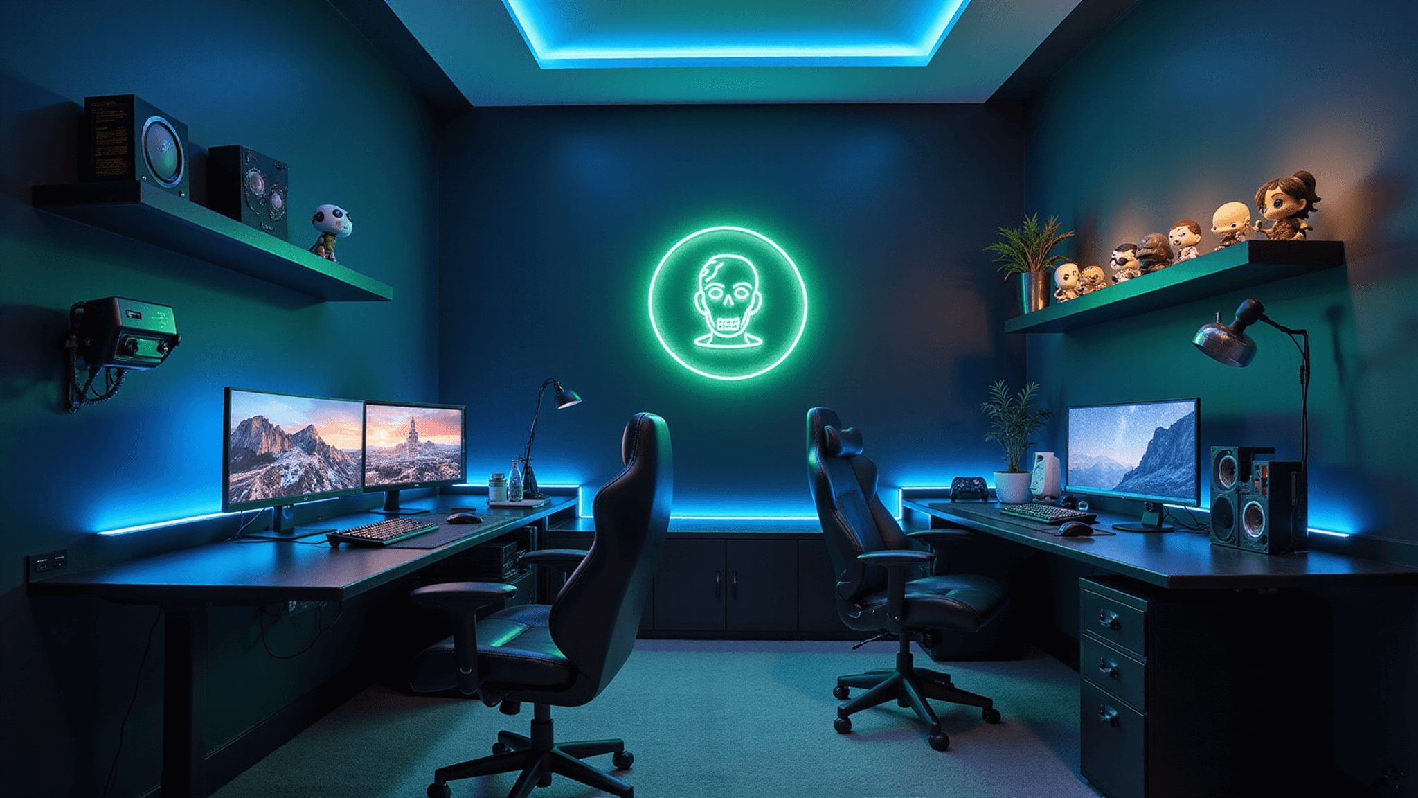 A cinematic wide-angle photograph of a futuristic gaming room with blue LED lighting, three curved ultrawide monitors, a carbon fiber L-shaped desk, and a high-end ergonomic gaming chair, featuring geometric black walls and dynamic RGB accents, showcasing collectibles and a VR corner.