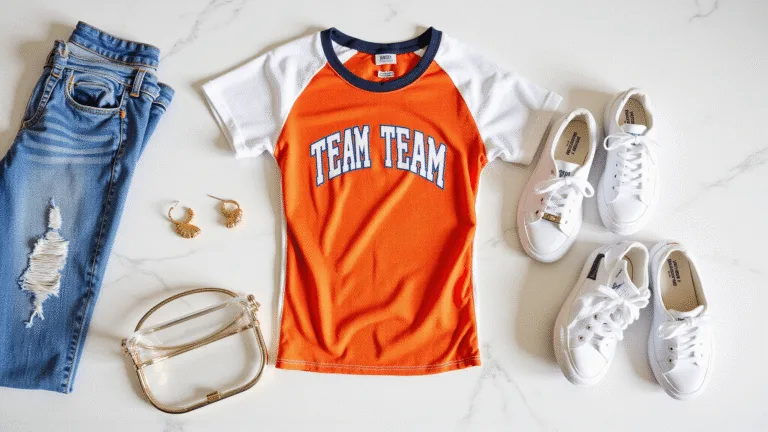 Flat-lay photo of a vintage team jersey paired with distressed high-waist jeans and white chunky sneakers on a marble surface, featuring gold statement earrings and a clear stadium bag, with team-colored accessories surrounding the main items, captured in natural sunlight.