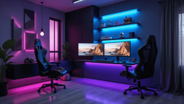 A hyperrealistic photograph of a modern gaming bedroom with a cyberpunk aesthetic, featuring a floating curved monitor, RGB LED lighting, and an ergonomic gaming chair, all captured in 8K resolution during blue hour.