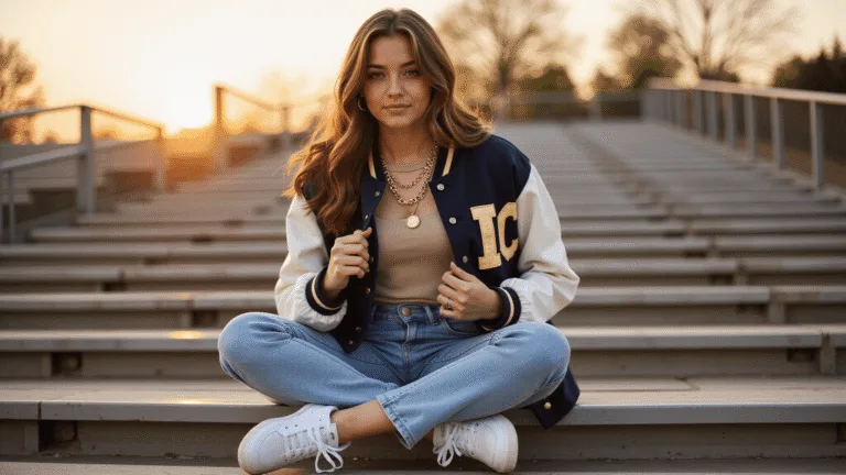 A female student in a navy and gold oversized team jersey and light-wash mom jeans sits on bleachers at golden hour, wearing white Nike Air Force 1s and layered gold necklaces, with stadium lights creating a bokeh effect in the background.