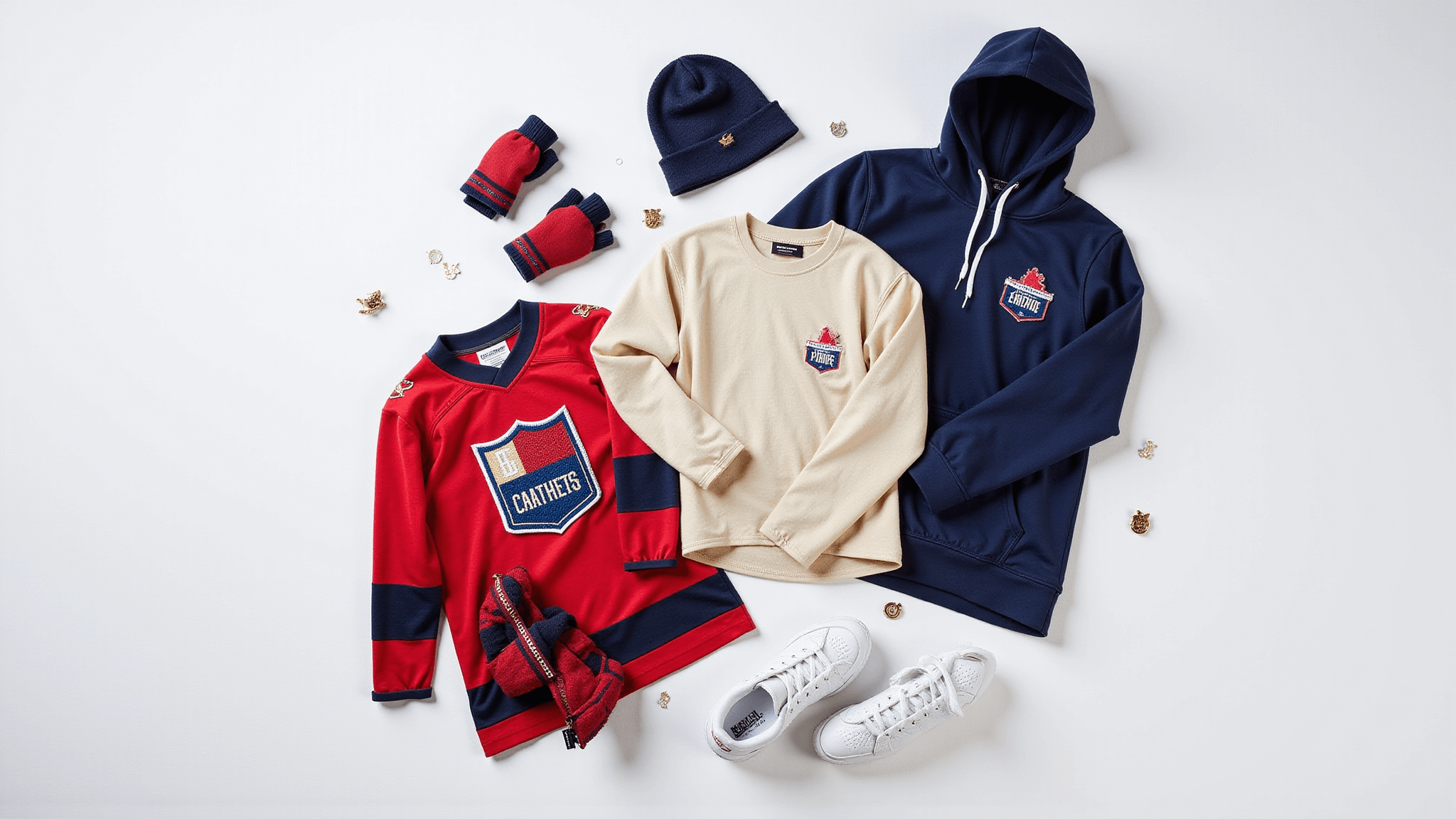 Flatlay of a layered hockey game outfit featuring a vintage team jersey, cream thermal base layer, and navy hoodie, accessorized with a team-colored beanie, hand warmers, and white sneakers, against a minimalist white background with soft natural lighting.