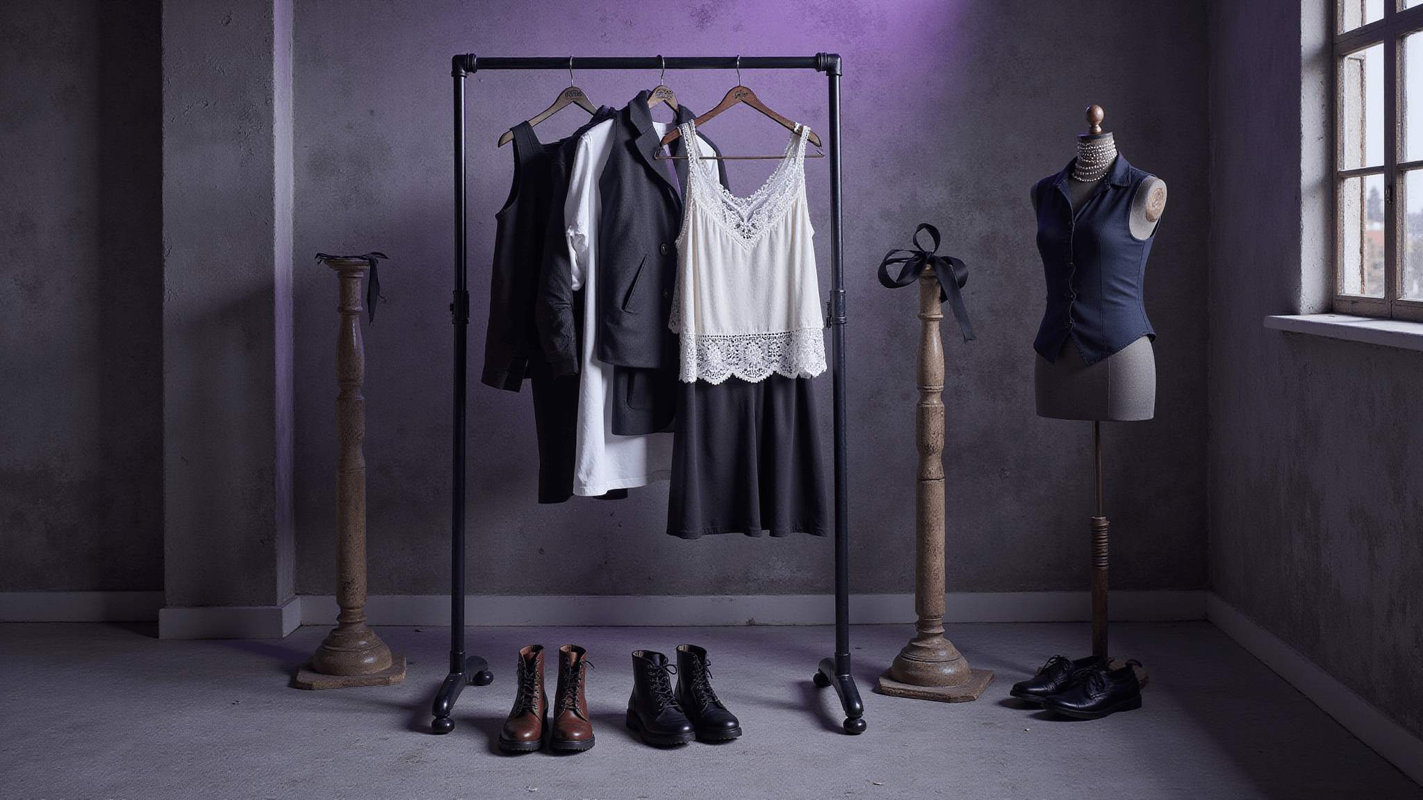A moody fashion scene in a concrete loft with layered outfits featuring white lace camisoles, fitted henleys, and leather vests on a clothing rack. Below, combat boots and platform Mary Janes are arranged, with pearl chokers and black ribbons displayed on vintage stands. Soft lavender light filters through industrial windows, casting dramatic shadows.