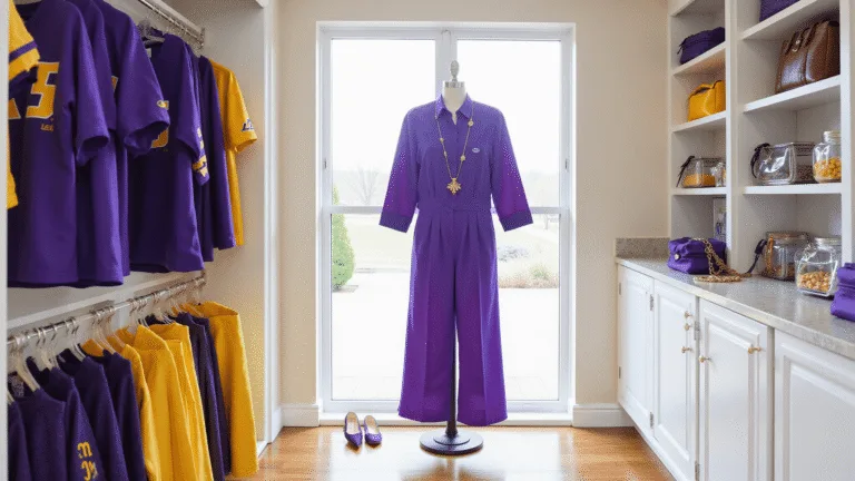 A bright walk-in closet featuring LSU gameday fashion items, including purple dresses, gold skirts, and vintage team shirts, with a central purple silk jumpsuit and gold accessories, all bathed in natural light. Clear stadium bags and delicate gold jewelry displayed on marble shelves.