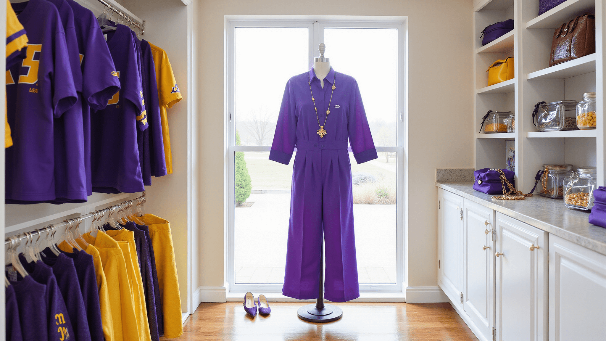 A bright walk-in closet featuring LSU gameday fashion items, including purple dresses, gold skirts, and vintage team shirts, with a central purple silk jumpsuit and gold accessories, all bathed in natural light. Clear stadium bags and delicate gold jewelry displayed on marble shelves.