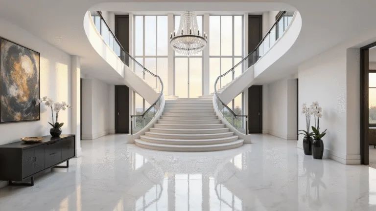 Photorealistic interior of a luxurious modern mansion foyer featuring a grand double staircase, crystal chandelier, and polished marble floors, illuminated by golden hour sunlight from floor-to-ceiling windows.