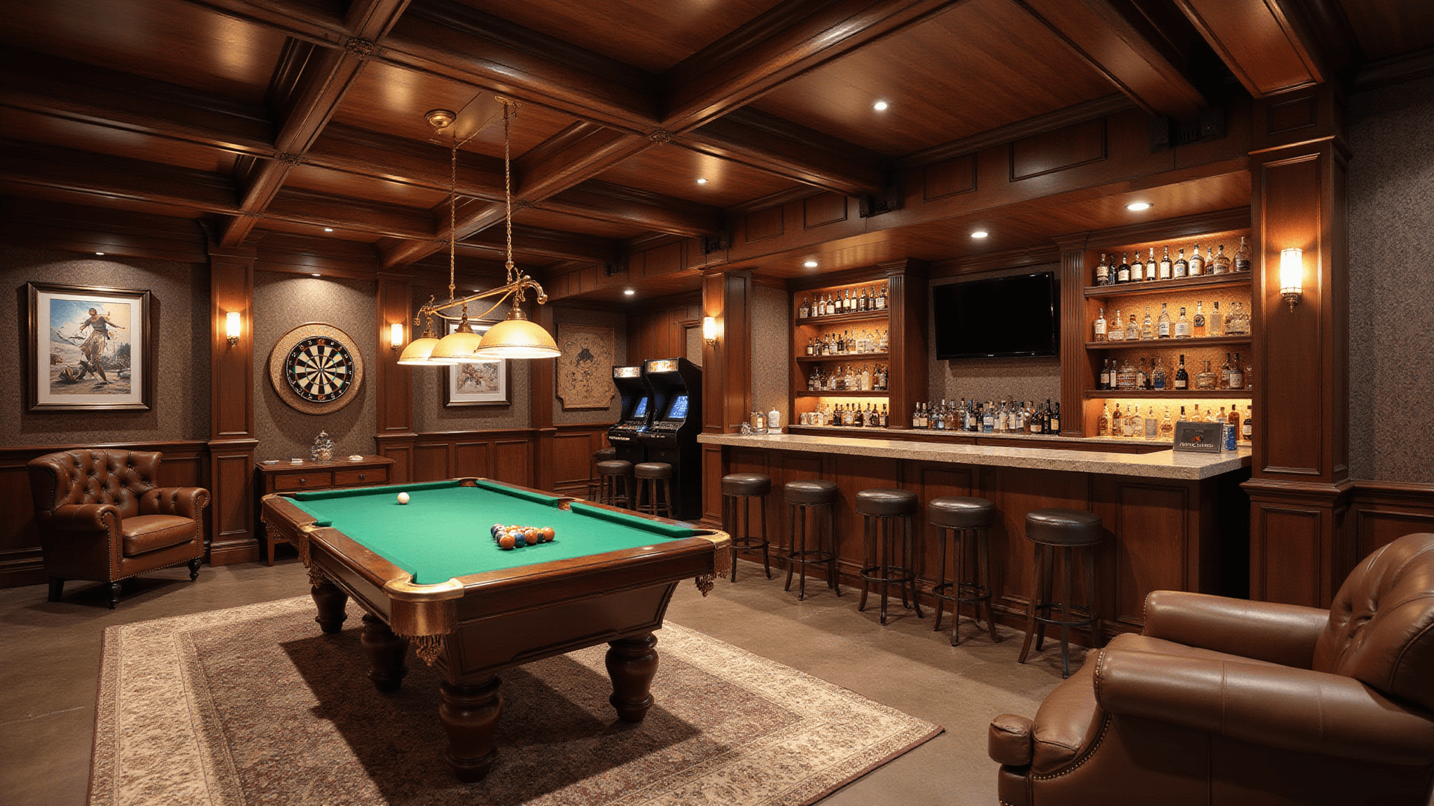 Photorealistic wide-angle view of a luxurious basement game room featuring a plush blue velvet sectional, an 85-inch TV, a vintage Pac-Man arcade cabinet, a professional pool table, ambient LED lighting, and detailed textures like a geometric area rug and leather chairs, all under warm walnut wood paneling and string lights.