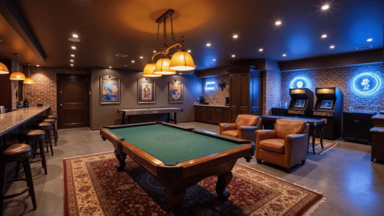 Photorealistic wide-angle shot of a luxurious basement game room featuring a mahogany wet bar, central pool table, vintage arcade cabinets, shuffleboard table, and comfortable seating, all under warm amber lighting and blue neon accents.