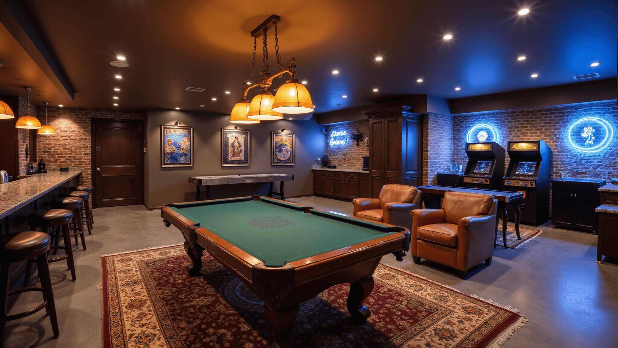 Photorealistic wide-angle shot of a luxurious basement game room featuring a mahogany wet bar, central pool table, vintage arcade cabinets, shuffleboard table, and comfortable seating, all under warm amber lighting and blue neon accents.