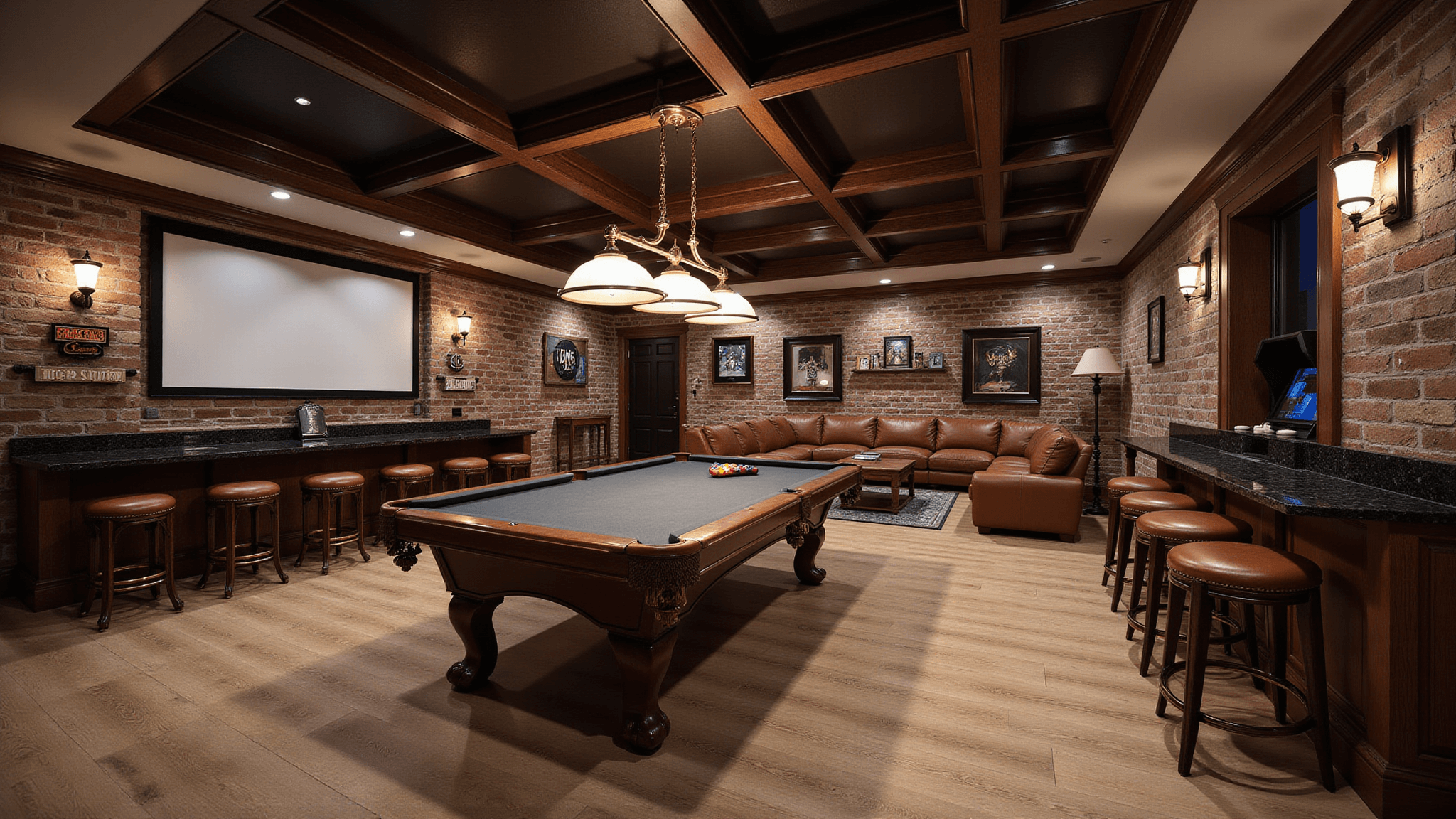 Photorealistic wide-angle shot of a luxurious basement game room featuring exposed brick walls, dark mahogany beams, a professional slate pool table, vintage chandelier, custom wet bar, arcade cabinets, and plush leather sectional, all illuminated by ambient and accent lighting.