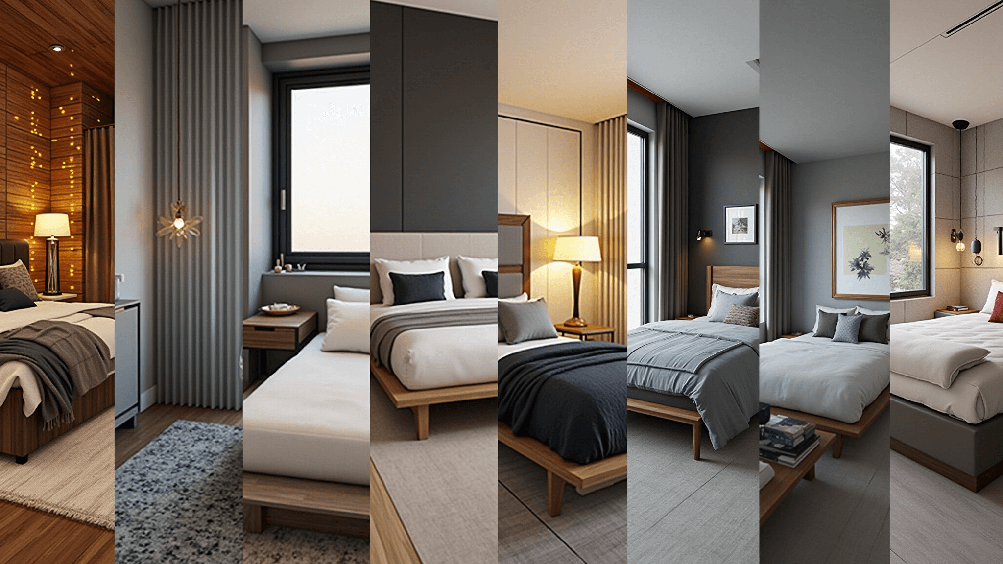 Photorealistic 3D render of luxurious modern bedroom designs showcasing six distinct styles: rustic cabin with oak furniture, minimalist white spaces with geometric furniture, compact loft, mid-size contemporary, and a luxury gaming suite. The cinematic 8K image features dramatic natural lighting, rich textures, and a warm to cool color palette, captured in ultra-wide angle with intricate detail.