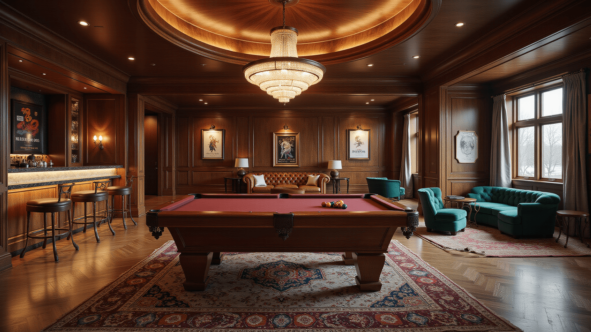 A luxurious game room featuring a handcrafted mahogany billiards table, Art Deco chandelier, rich walnut wood paneling, a curved wet bar, plush seating areas with velvet and leather, state-of-the-art gaming station, and elegant decor.
