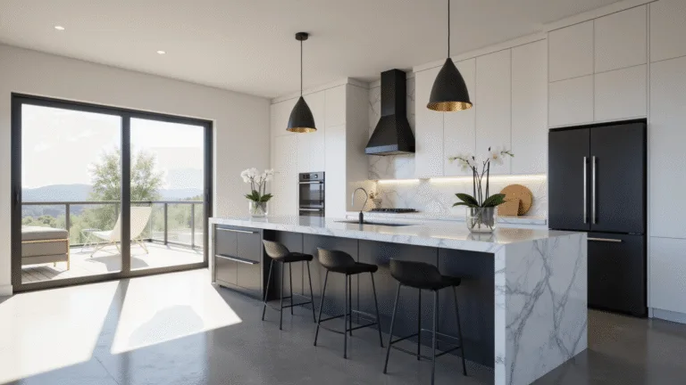 Photorealistic rendering of a luxurious Roblox Bloxburg kitchen featuring a white marble island, black bar stools, and floor-to-ceiling windows with morning sunlight.
