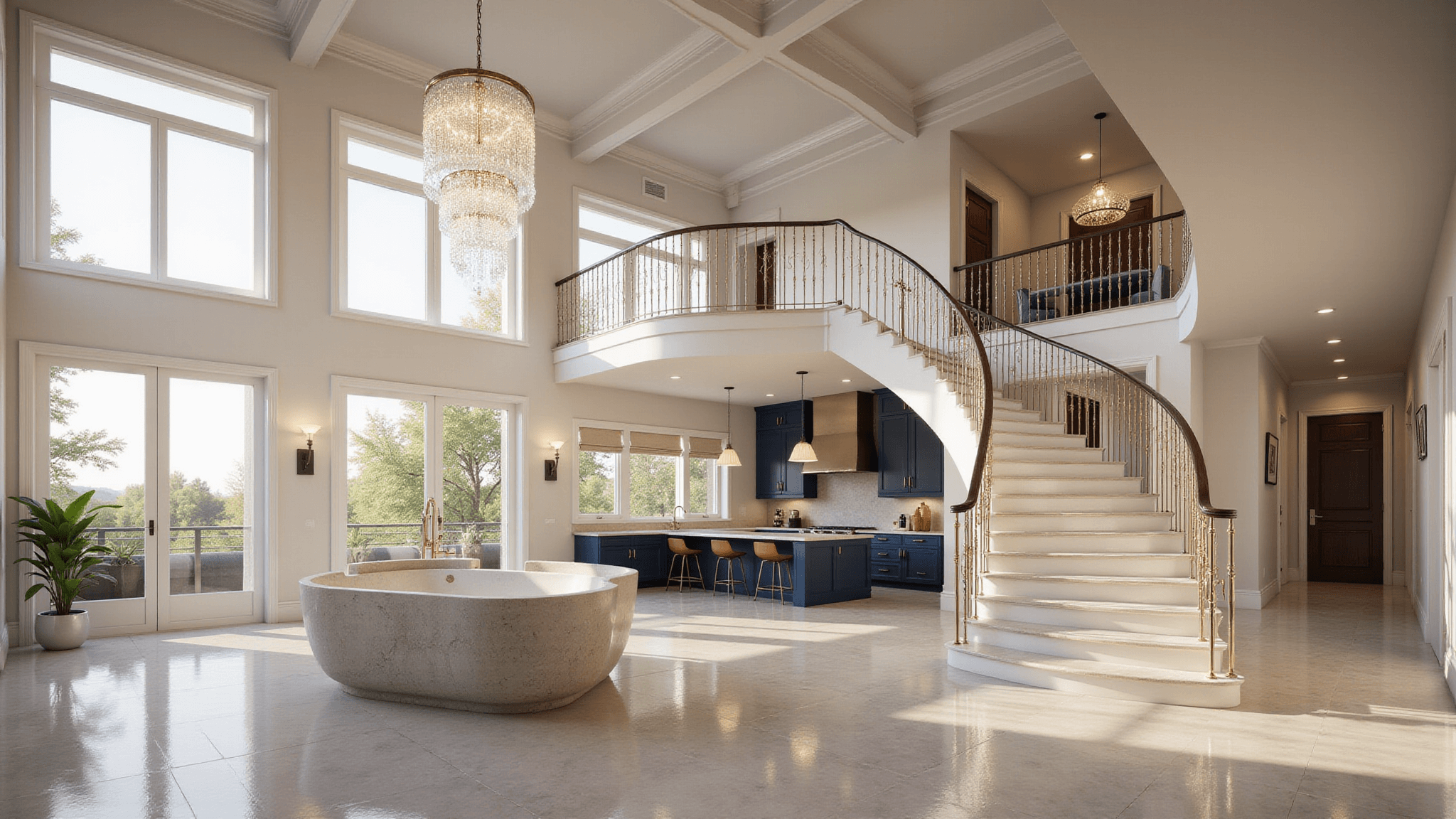 Photorealistic render of a luxury Bloxburg mansion interior featuring a double-height foyer with a curved marble staircase, crystal chandelier, and modern minimalist kitchen, all illuminated by warm afternoon sunlight, showcasing a sophisticated neutral color palette with gold accents.