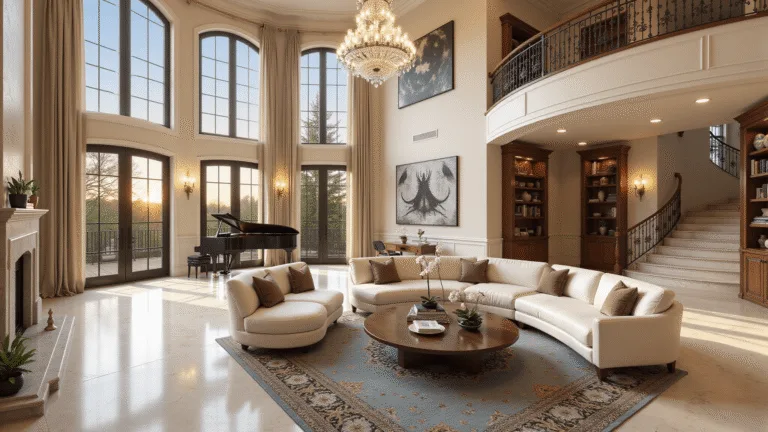 Photorealistic image of a luxurious two-story mansion living room with grand design features, including a crystal chandelier, arched windows, marble floors, a limestone fireplace, and a double staircase, bathed in golden hour light.
