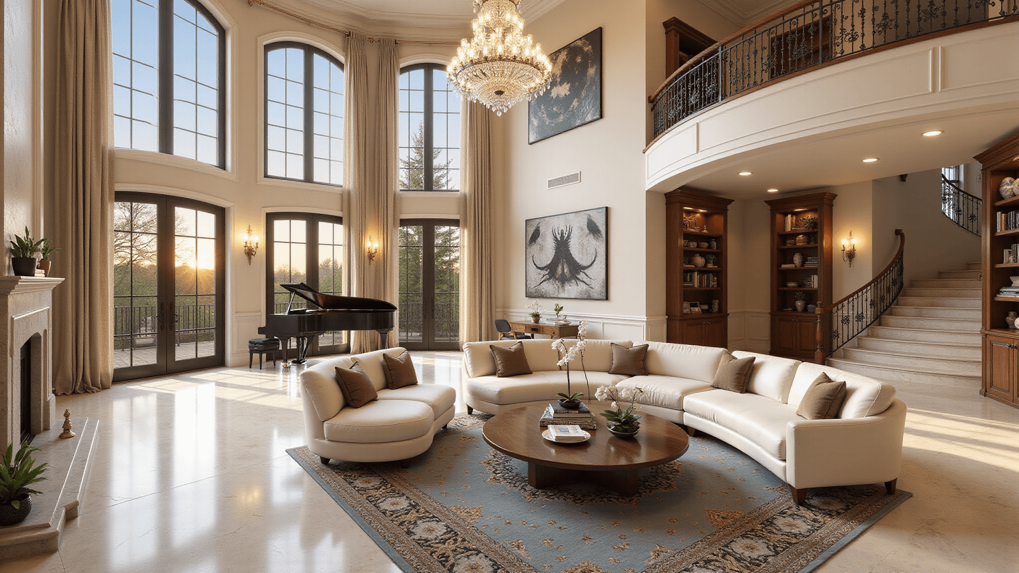 Photorealistic image of a luxurious two-story mansion living room with grand design features, including a crystal chandelier, arched windows, marble floors, a limestone fireplace, and a double staircase, bathed in golden hour light.