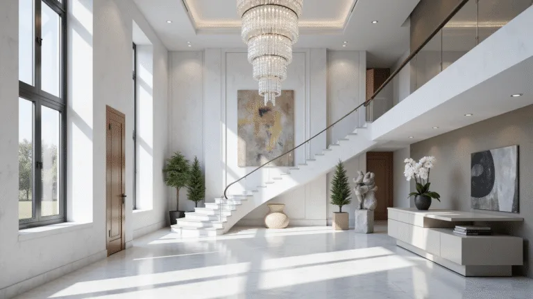 Photorealistic 3D rendering of a luxurious modern mansion entrance hall with 20-foot ceilings, white marble floors, a curved staircase, and contemporary artwork.