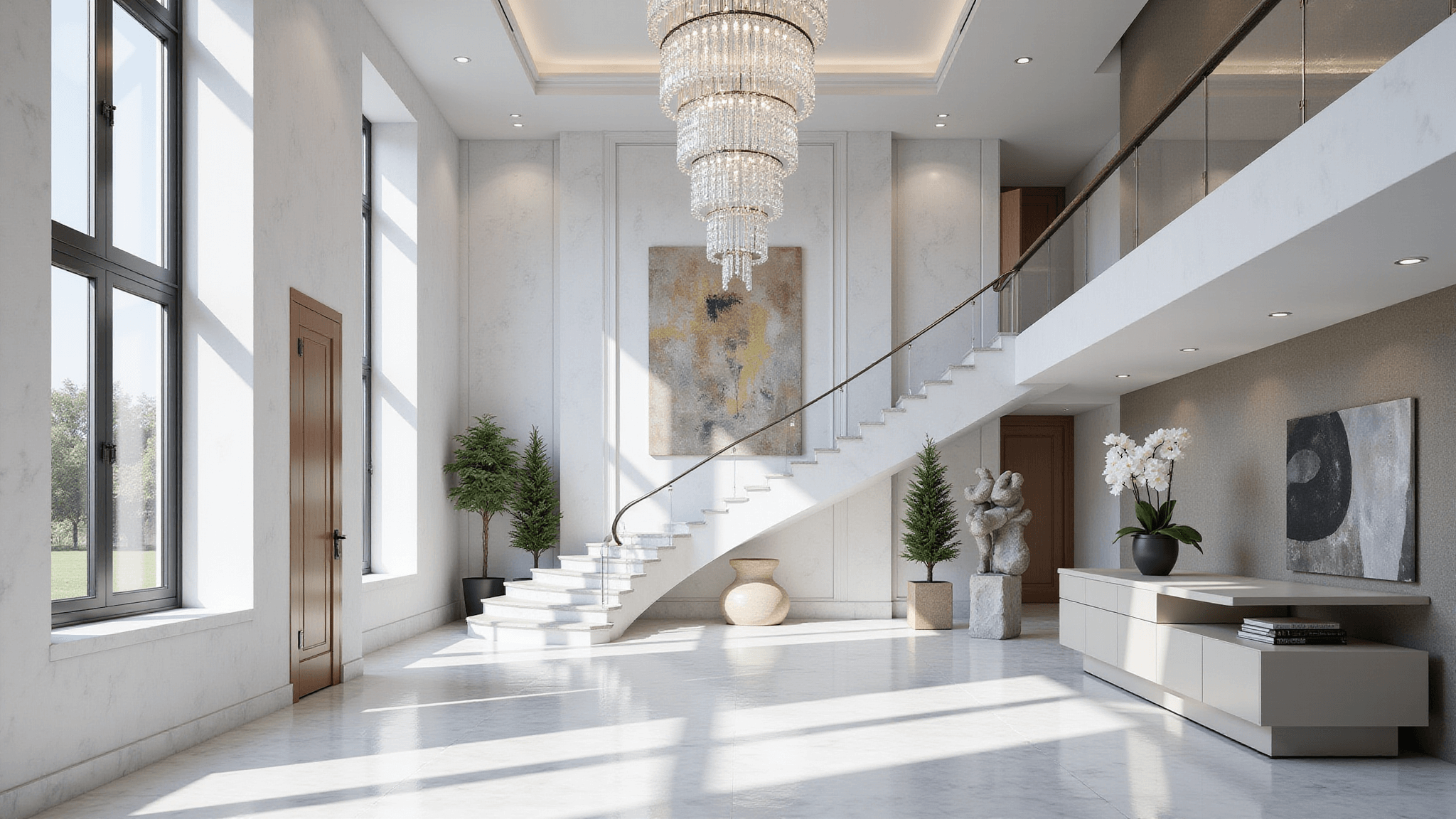 Photorealistic 3D rendering of a luxurious modern mansion entrance hall with 20-foot ceilings, white marble floors, a curved staircase, and contemporary artwork.