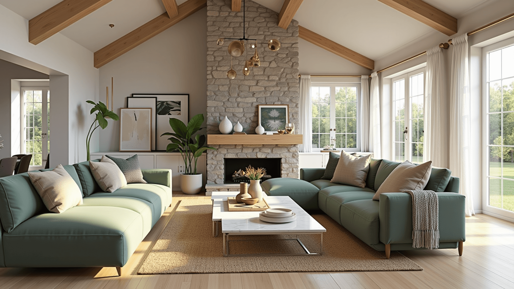 Photorealistic render of a modern Bloxburg living room featuring vaulted ceilings, a sage green L-shaped sectional sofa, rustic stone fireplace, bay windows with sheer curtains, and stylish decor elements, all bathed in warm afternoon light.